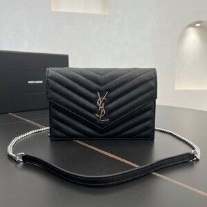 Saint Laurent Black Quilted Leather Chain Crossbody Bag with Silver YSL